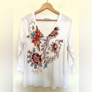 Chico's Long Sleeve Pima Cotton Top Cream Multicolor Floral Pullover Sz Medium